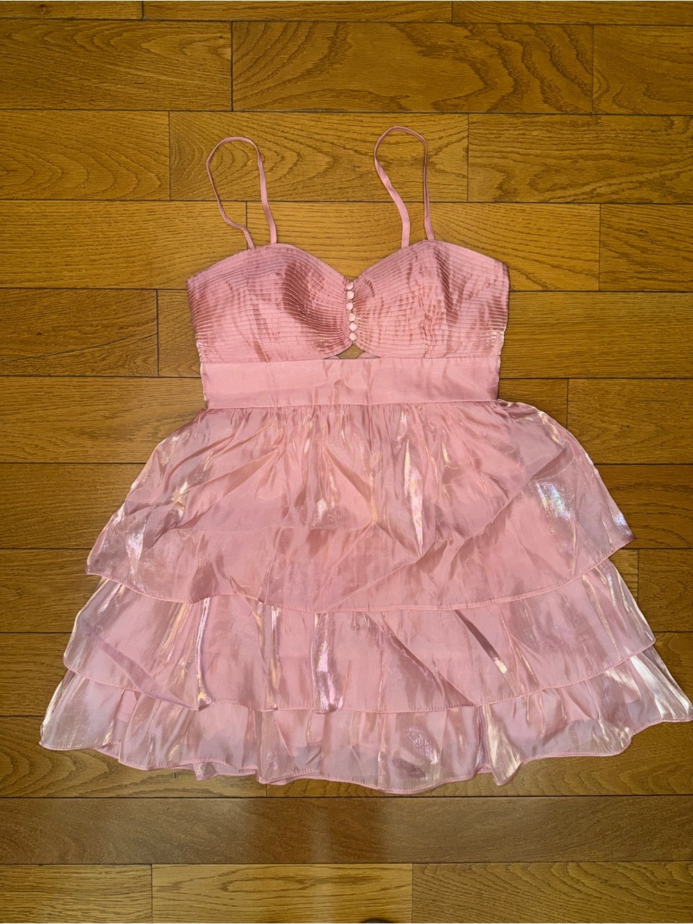 Francesca's Pink Iridescent Tiered Spaghetti-Strap Mini Dress